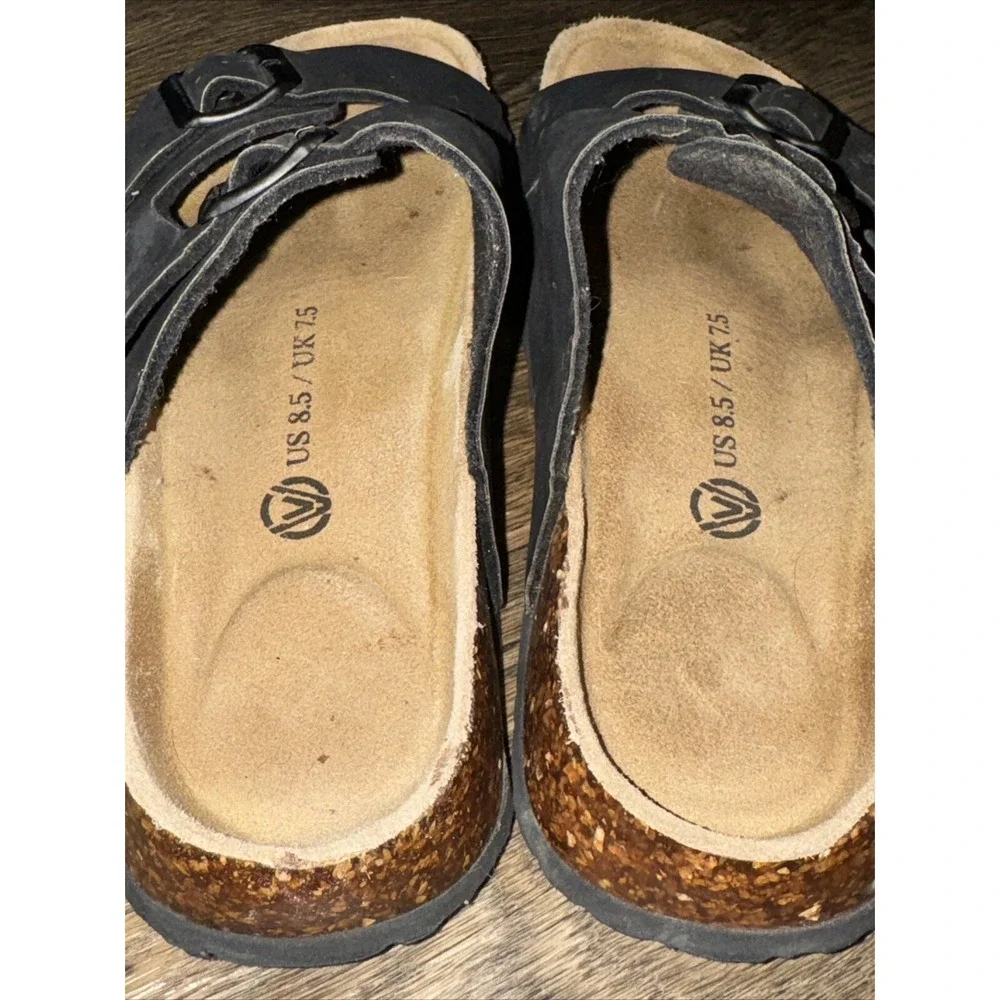 Cork Footbed Sandal Comfort  Boho Slip On Buckle Black Leather Women's 8.5
